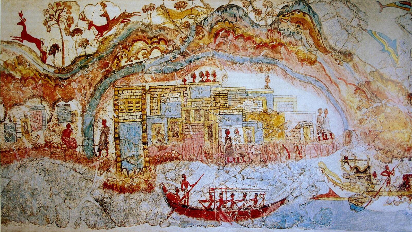 Fresco van de scheepsprocessie uit Akrotiri met schepen en een stad aan zee